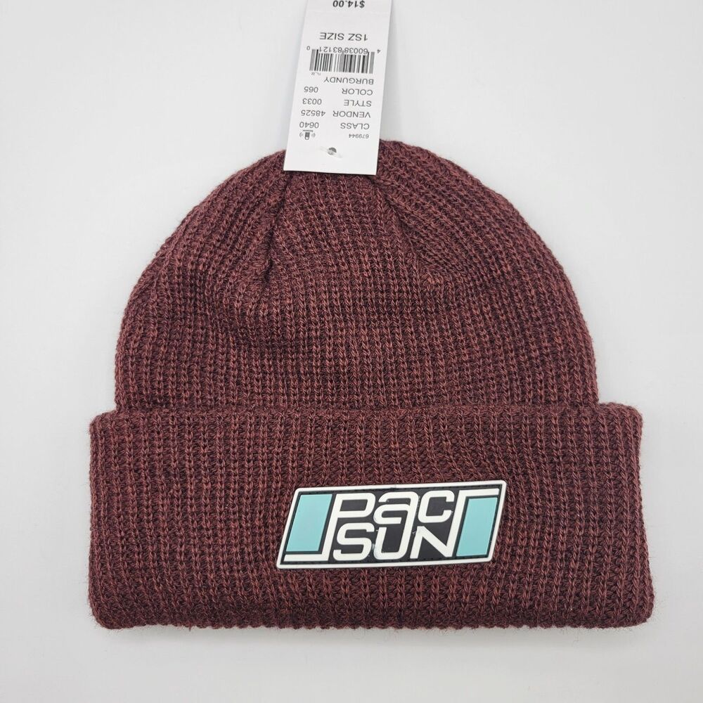 PacSun Mens Womens Beanie Maroon Burgundy Knit Rubber Logo Hat Winter